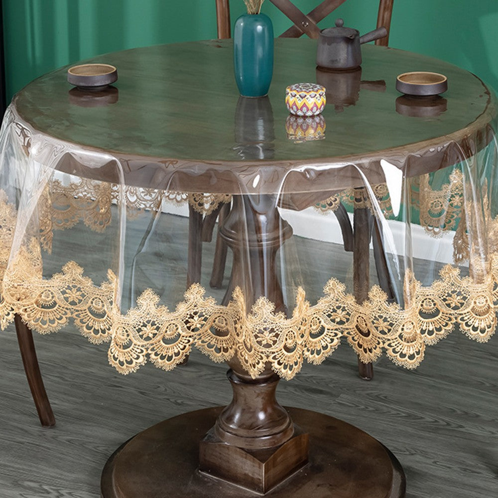 80cm Round PVC Table Cloth Tablecloth with Lace Lining Coffee Lace Edge
