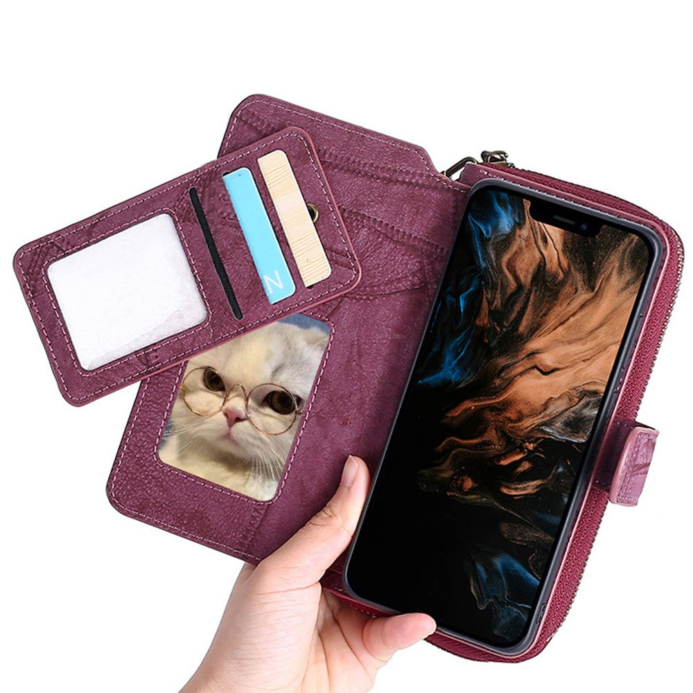 for iPhone 14 pro Detachable Flip Phone Wallet Case with Card Holder Wine Red