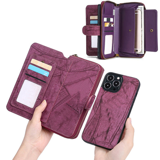for iPhone 14 pro Detachable Flip Phone Wallet Case with Card Holder Wine Red
