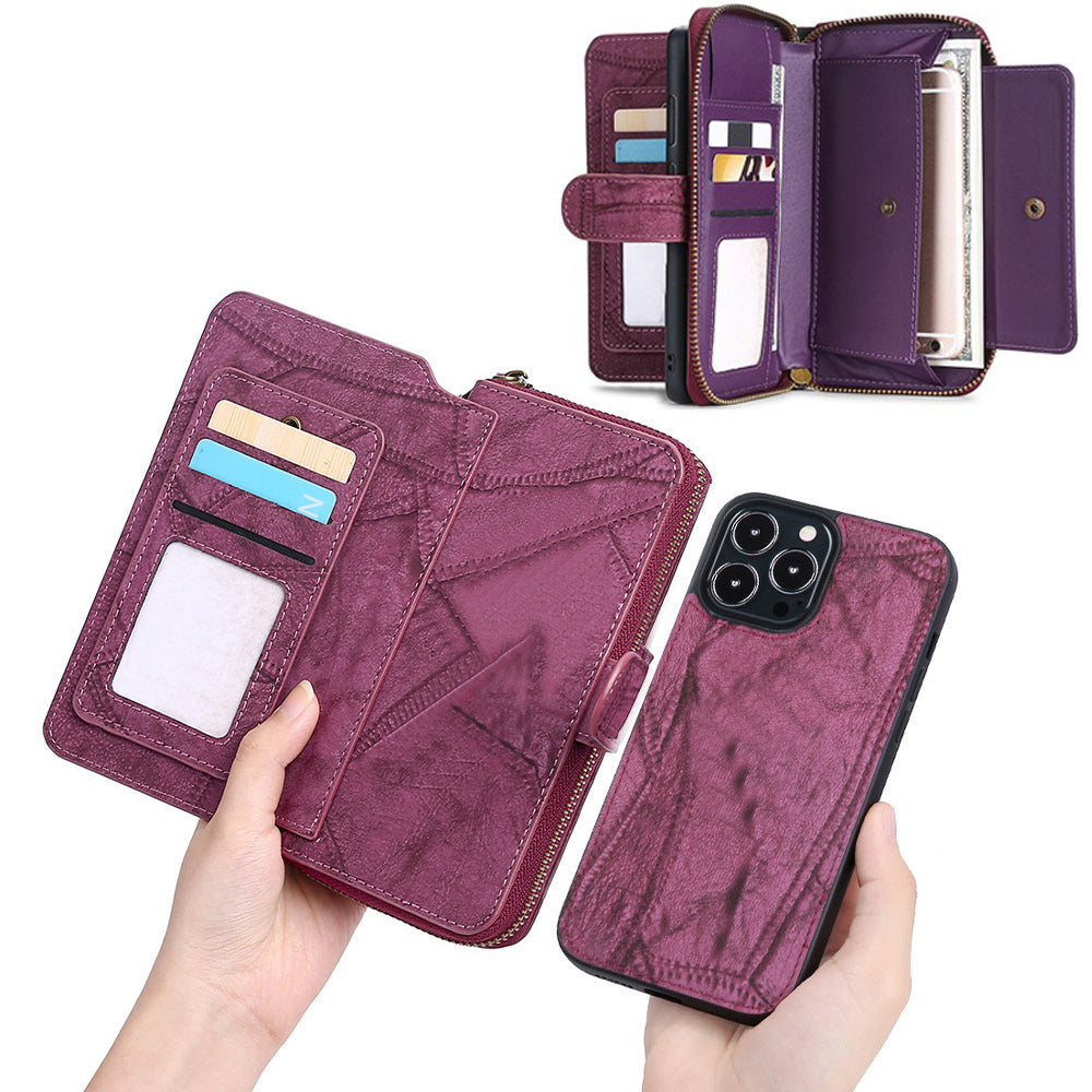 for iPhone 14promax Detachable Flip Phone Wallet Case with Card Holder Wine Red