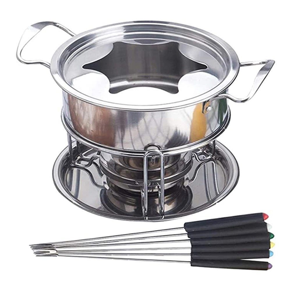 10Pcs Stainless Steel Fondue Pot Set with 6 Forks for Chocolate Cheese Fondue