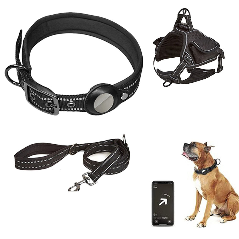 Pet Dog Harness Leash Collar for Airtag Set Reflective Breathable Vest Black XL