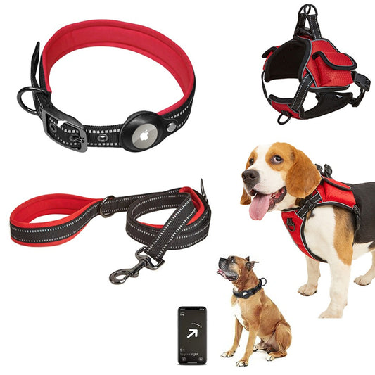 Pet Dog Harness Leash Collar for Airtag Set Reflective Breathable Vest Red S