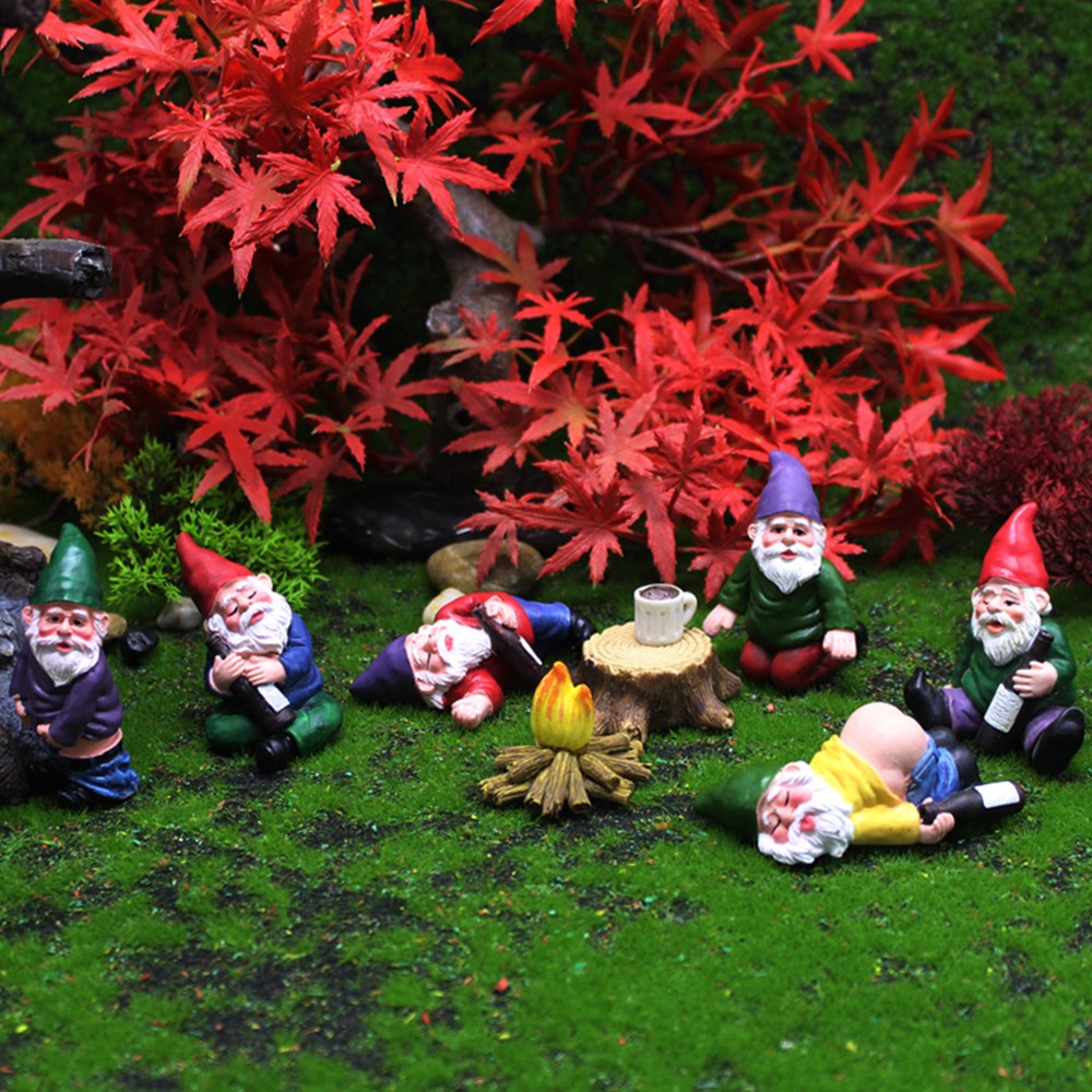 Set of 9Pcs Mini Drunk Gnomes Statue Resin Dwarf Figurine Home Garden Decor