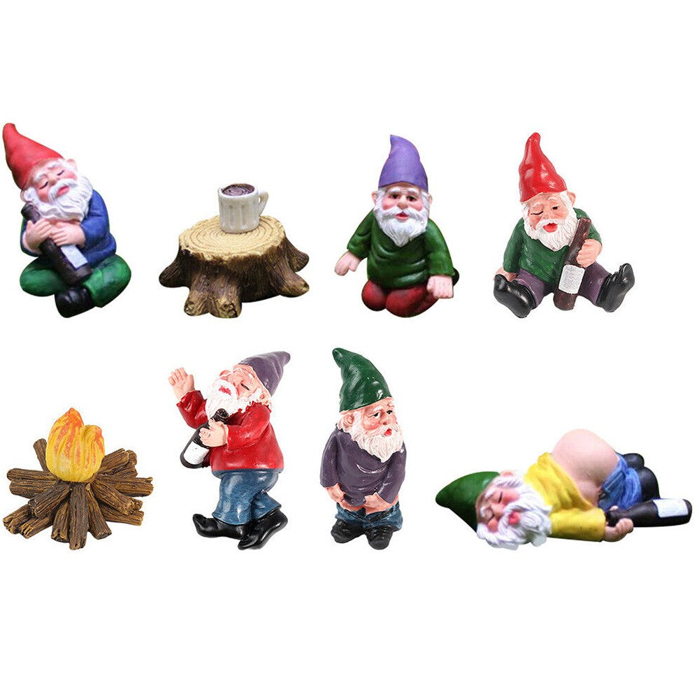 Set of 9Pcs Mini Drunk Gnomes Statue Resin Dwarf Figurine Home Garden Decor