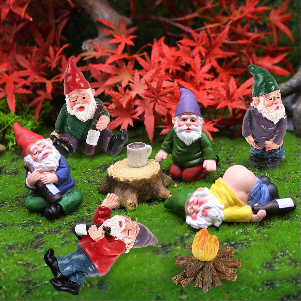 Set of 9Pcs Mini Drunk Gnomes Statue Resin Dwarf Figurine Home Garden Decor