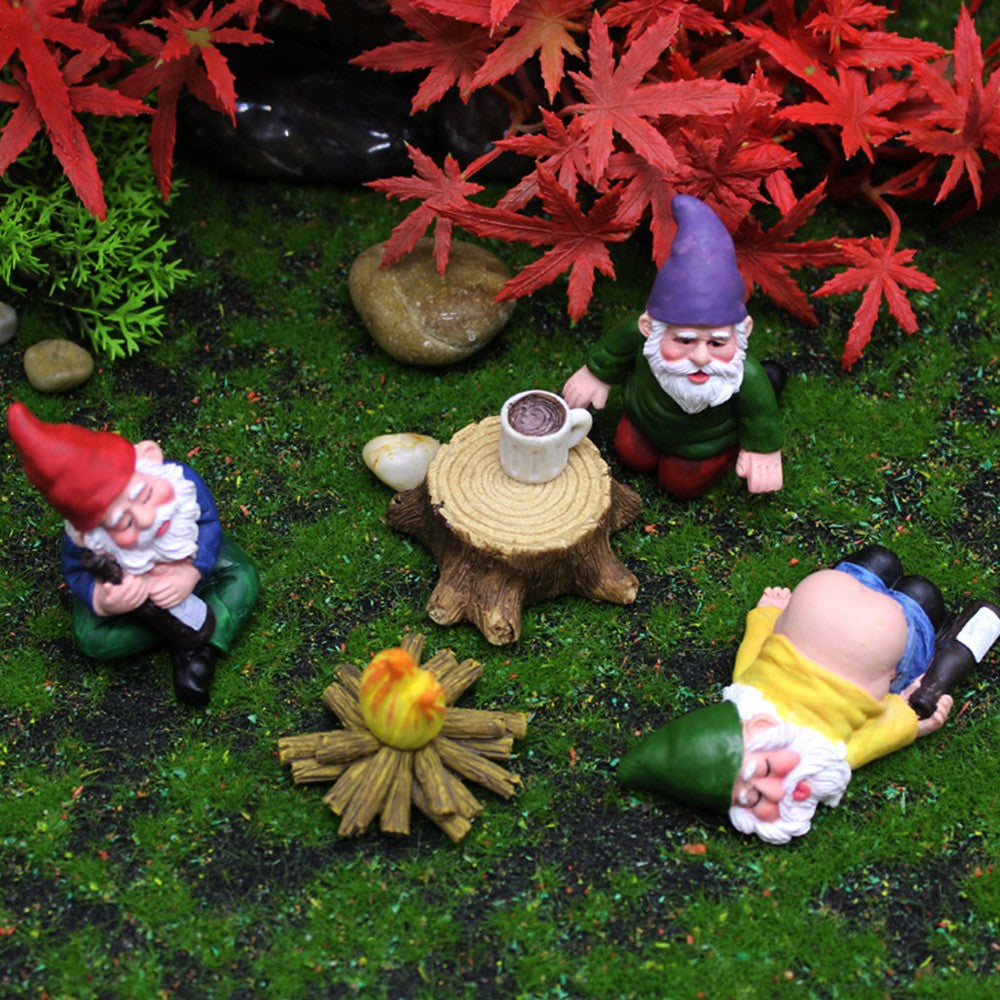 Set of 9Pcs Mini Drunk Gnomes Statue Resin Dwarf Figurine Home Garden Decor