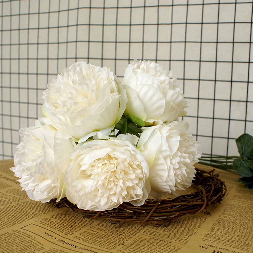 2 Bunches Artificial Peony Single Stem Faux Silk Flower Wedding Decor White