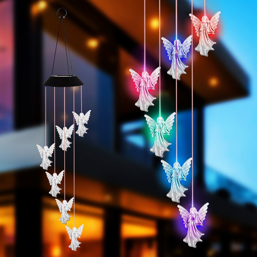 Solar Clear Angel Wind Chimes Light Outdoor Garden Color Changing Lamp