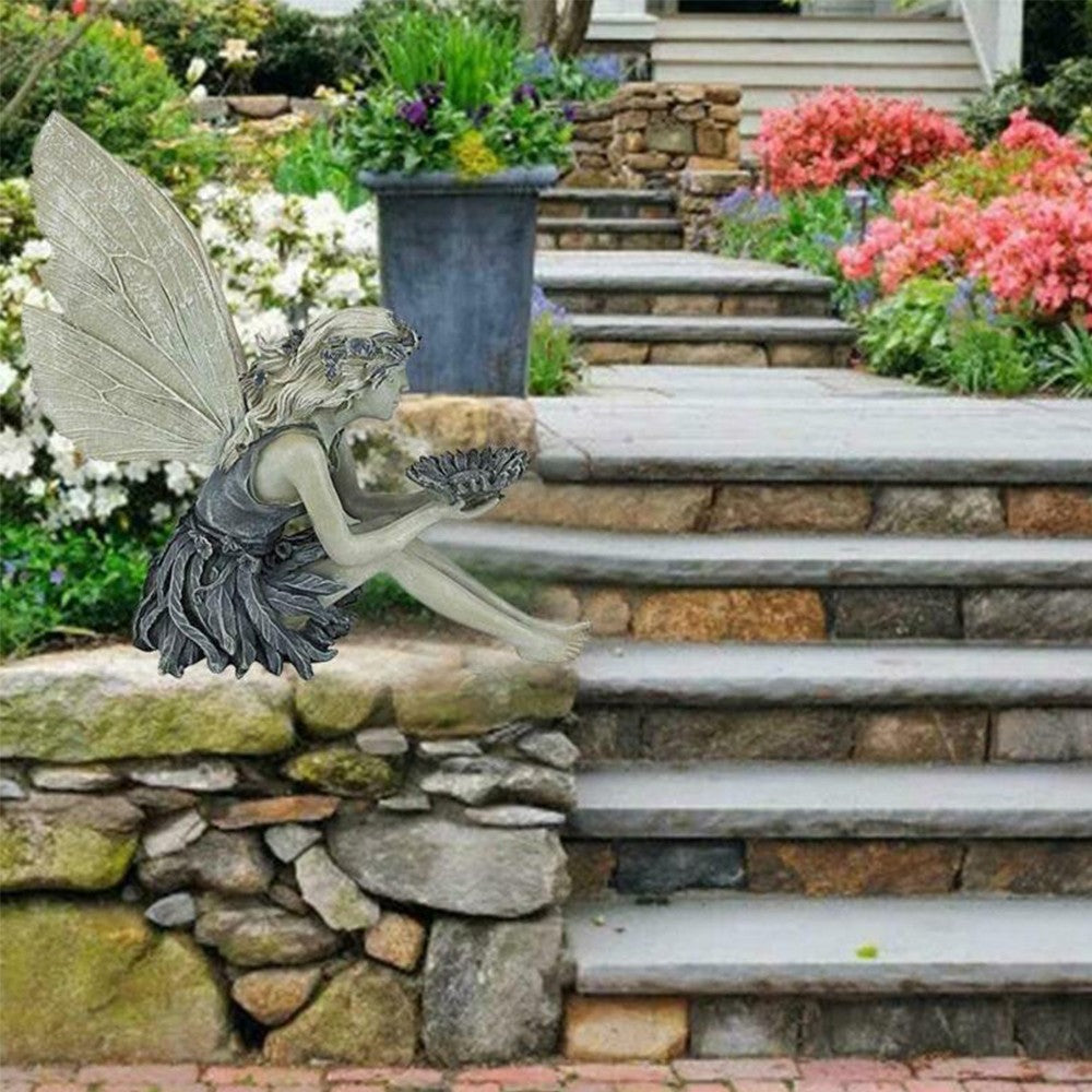 2Pcs Garden Sitting Fairy Resin Bird Feeder Statue Figurine Garden Yard Decor