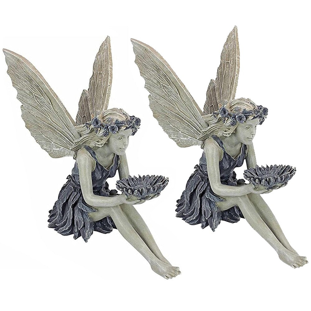 2Pcs Garden Sitting Fairy Resin Bird Feeder Statue Figurine Garden Yard Decor