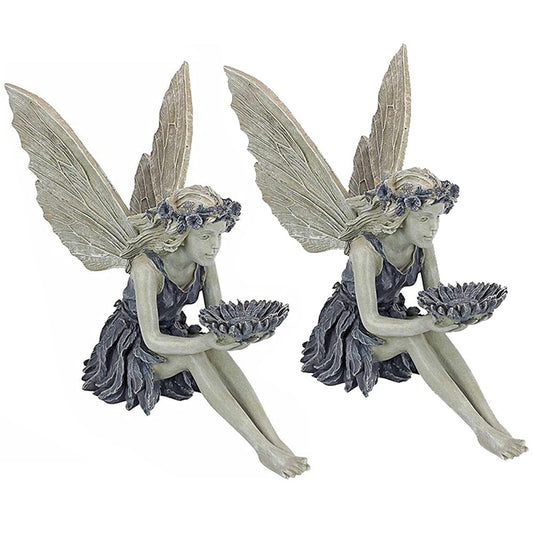 2Pcs Garden Sitting Fairy Resin Bird Feeder Statue Figurine Garden Yard Decor