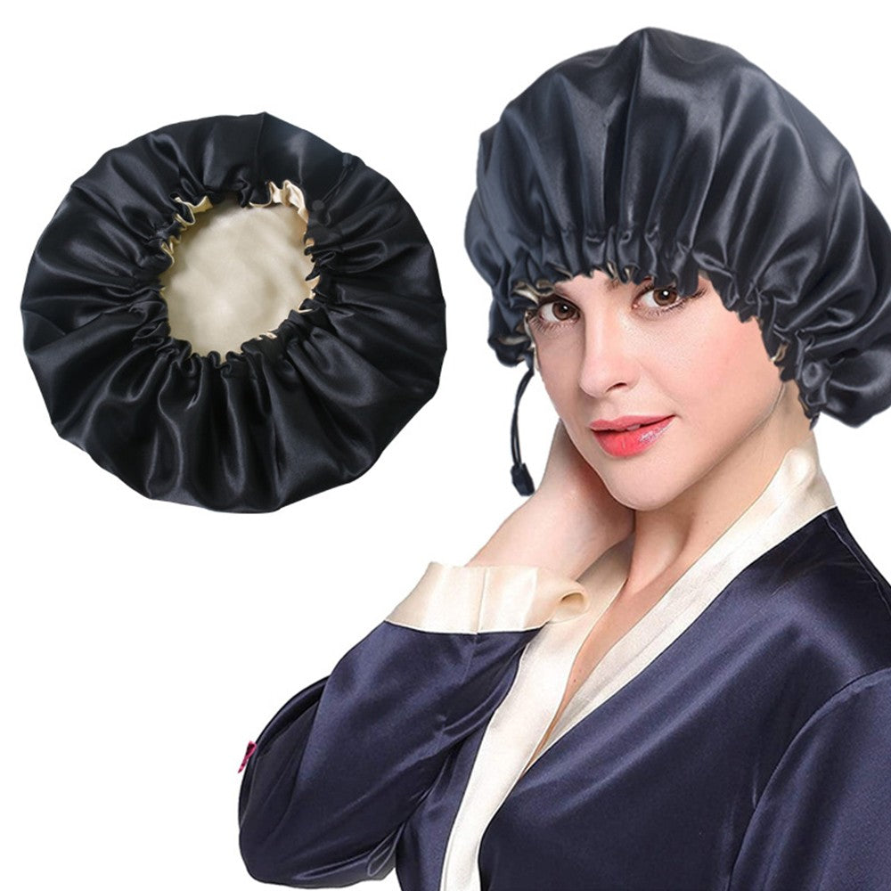 1X Women Double Layer Satin Sleep Hat Hair Care Shower Cap Black
