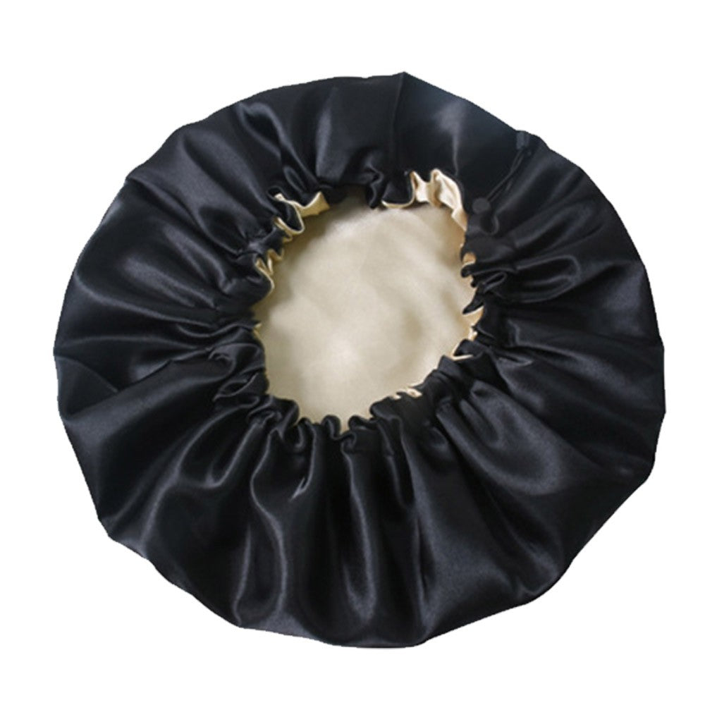 1X Women Double Layer Satin Sleep Hat Hair Care Shower Cap Black