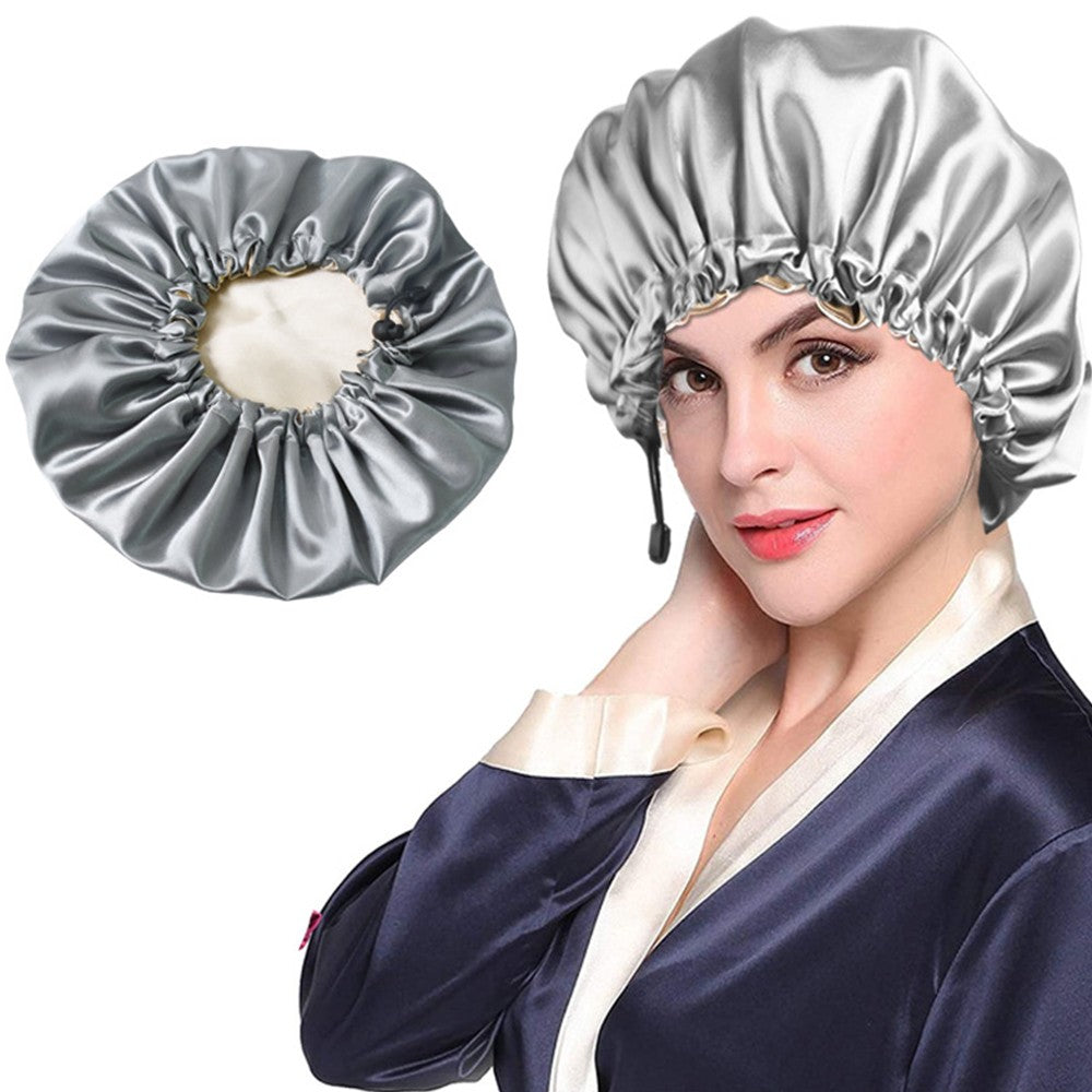 1X Women Double Layer Satin Sleep Hat Hair Care Shower Cap Grey