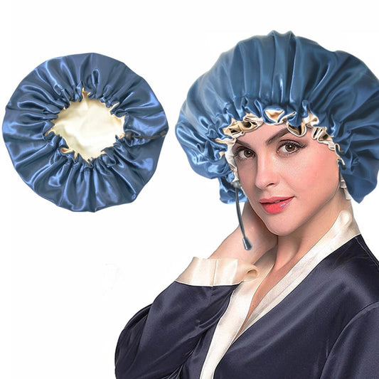 1X Women Double Layer Satin Sleep Hat Hair Care Shower Cap Navy Blue