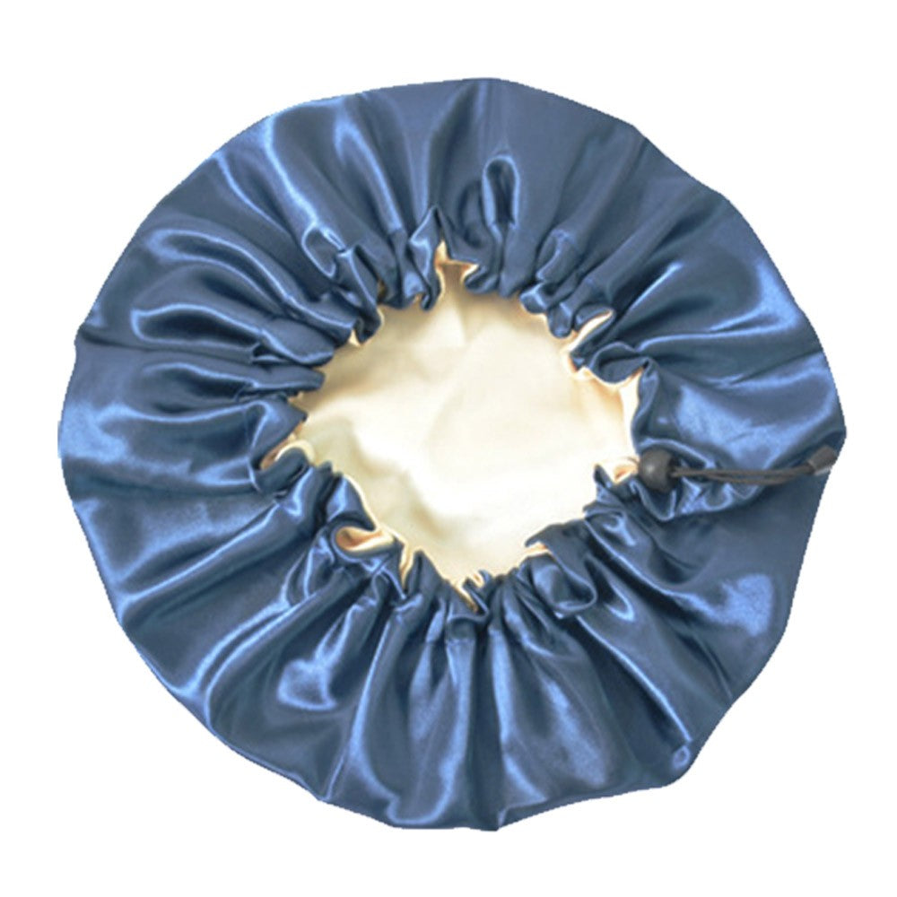 1X Women Double Layer Satin Sleep Hat Hair Care Shower Cap Navy Blue