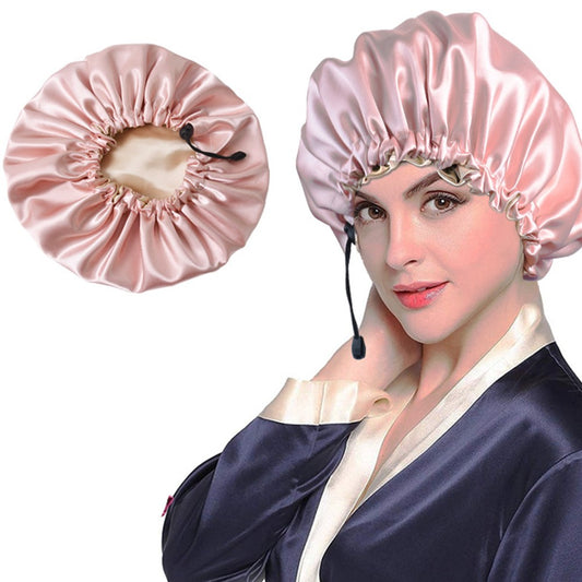 1X Women Double Layer Satin Sleep Hat Hair Care Shower Cap Pink