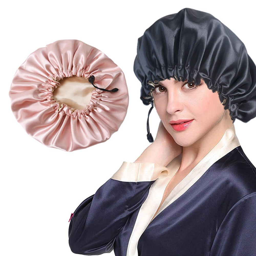 2X Women Double Layer Satin Sleep Hat Hair Care Shower Cap Black and Pink