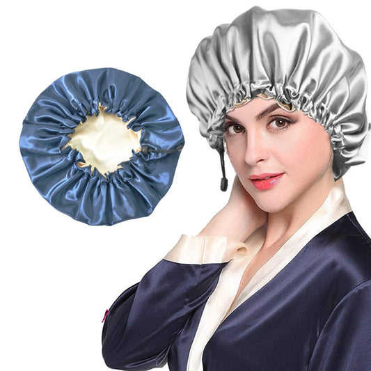 2X Women Double Layer Satin Sleep Hat Hair Care Shower Cap Navy Blue and Grey