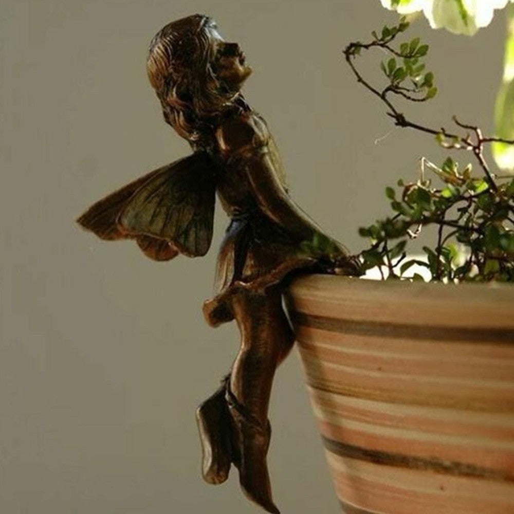8X Garden Fairy Statue Girl Hanging Cup Resin Sculpture Flower Basket Edge Decor