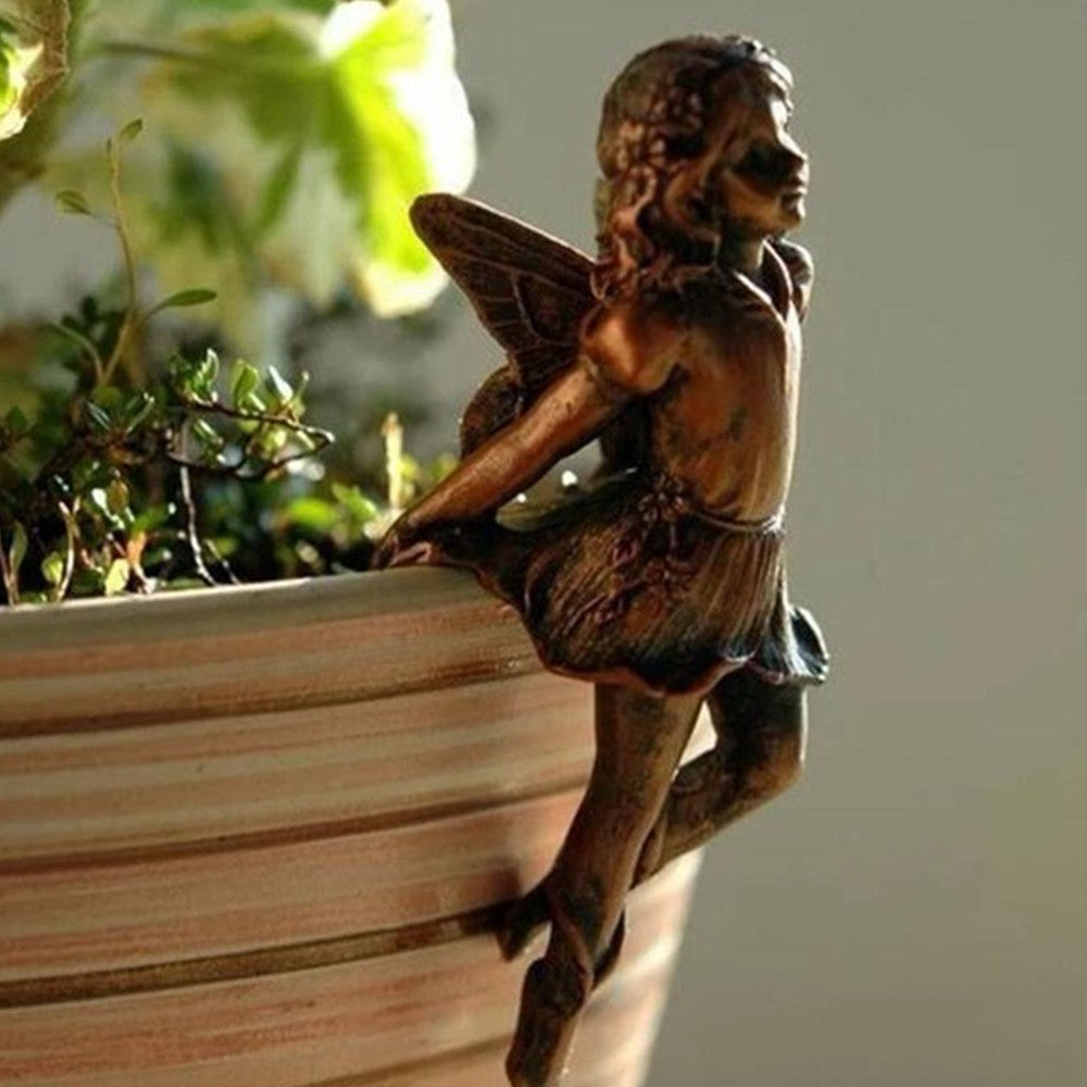 4X Garden Fairy Statue Girl Hanging Cup Resin Sculpture Flower Basket Edge Decor