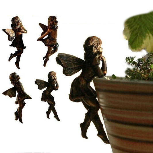 8X Garden Fairy Statue Girl Hanging Cup Resin Sculpture Flower Basket Edge Decor