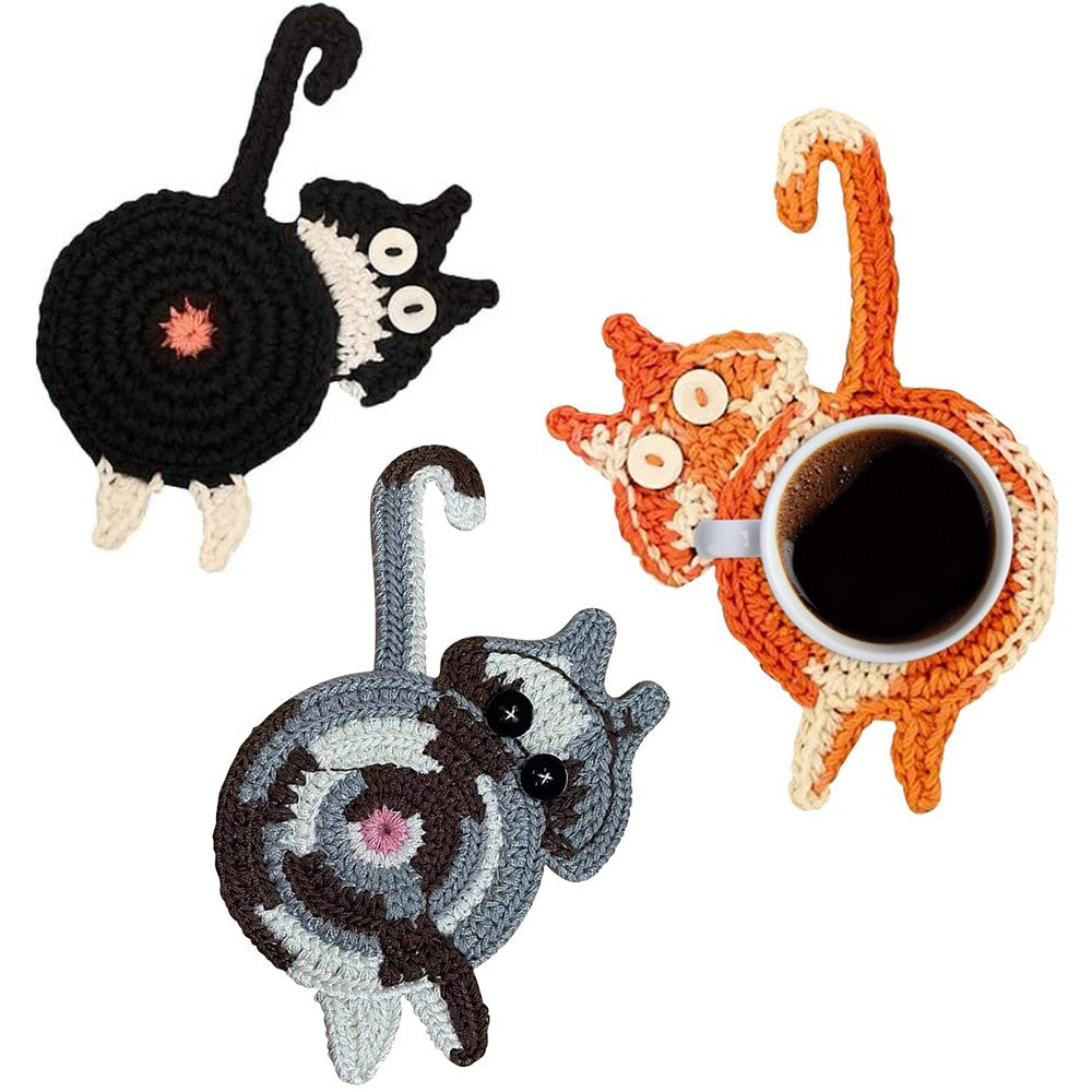 3Pcs Handmade Woven Cat Butt Coasters Coffee Cup Mats Mug Pad for Home Office