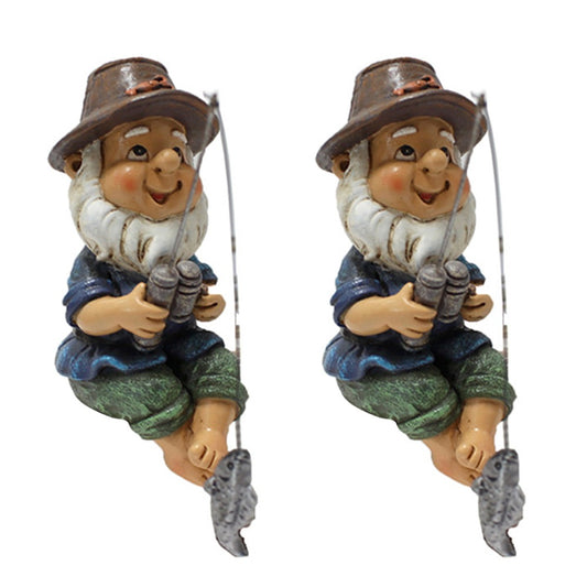 2Pcs Garden Fishing Dwarf Statue Ornament Mini Dolls Sculpture Garden Decoration