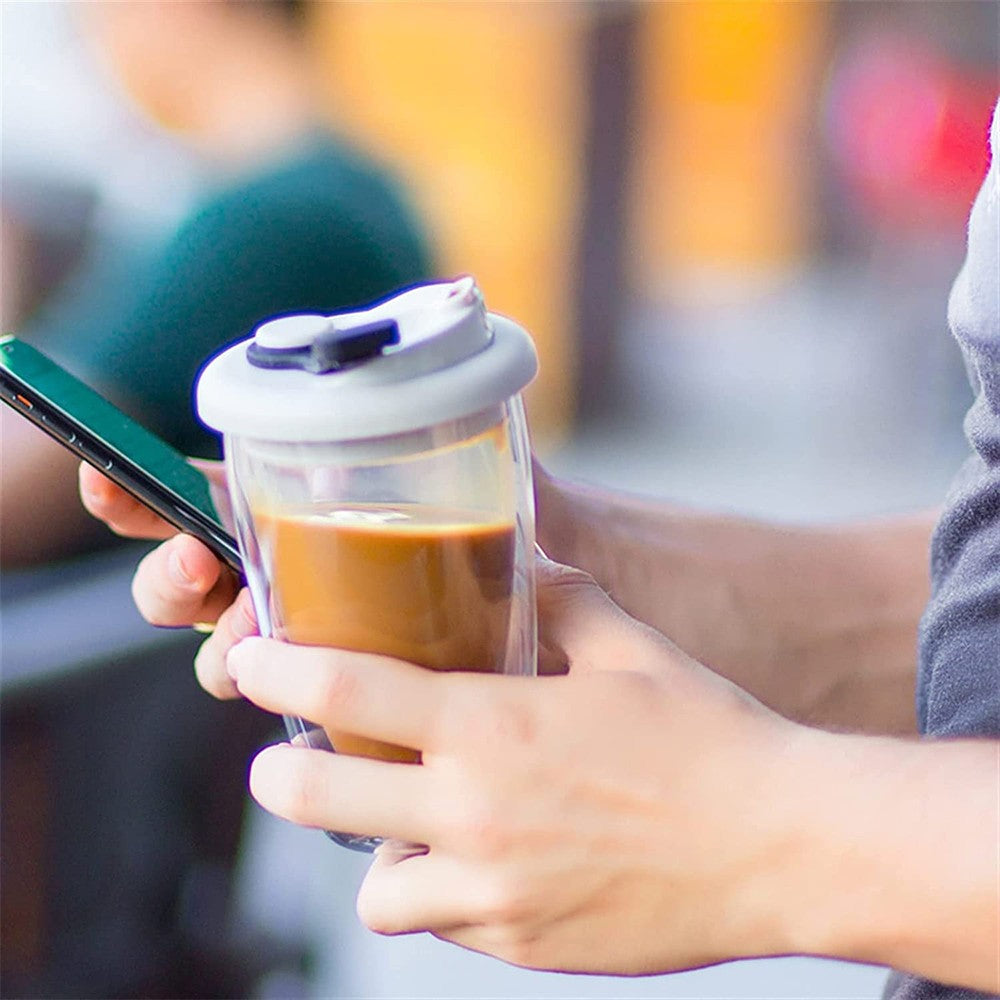 350ml Double Walled Glass Mugs Thermal Coffee Mug Milk Cup with Lid Black