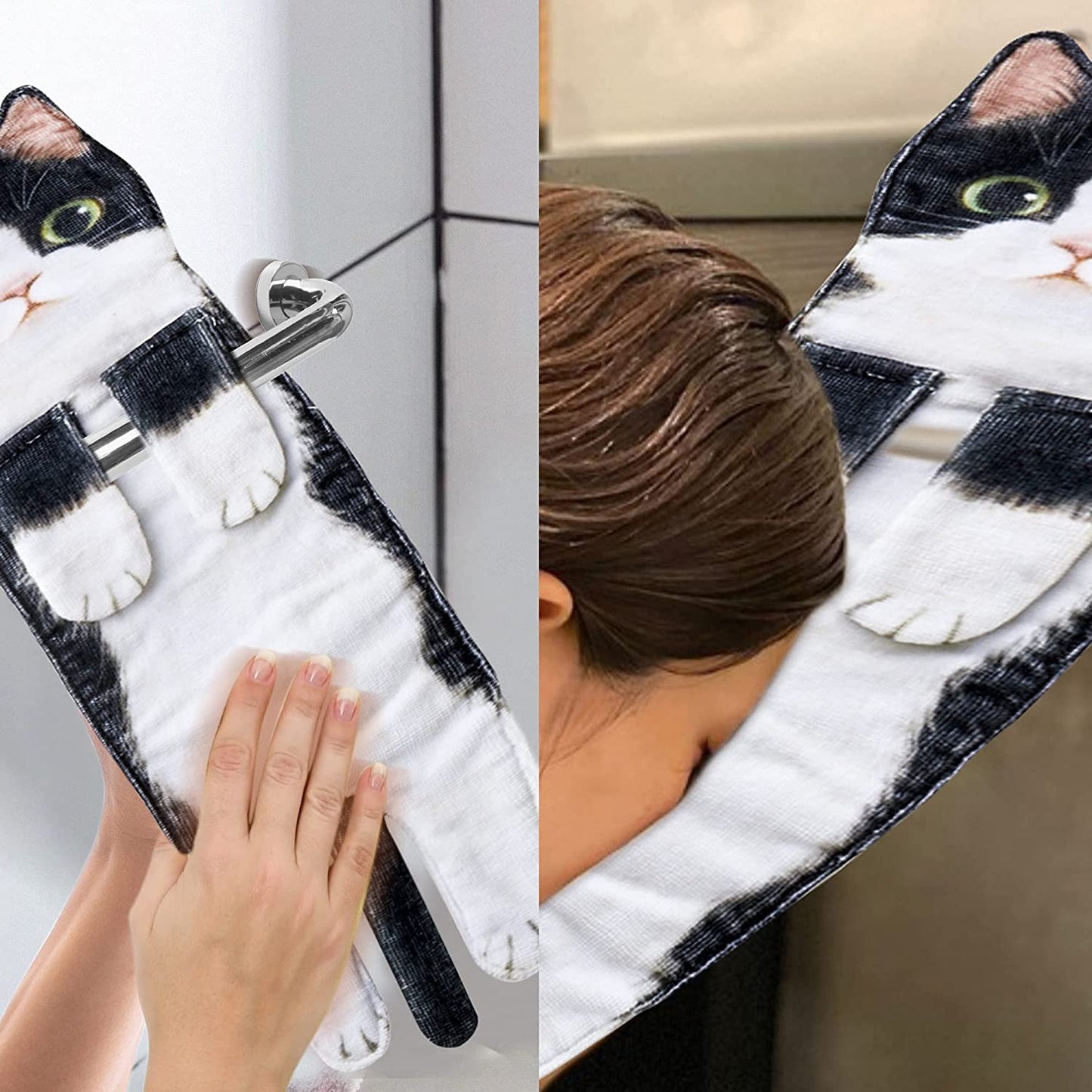 Funny Cat Hanging Hand Towels Absorbent Face Towels for Bathroom Kitchen Style 3