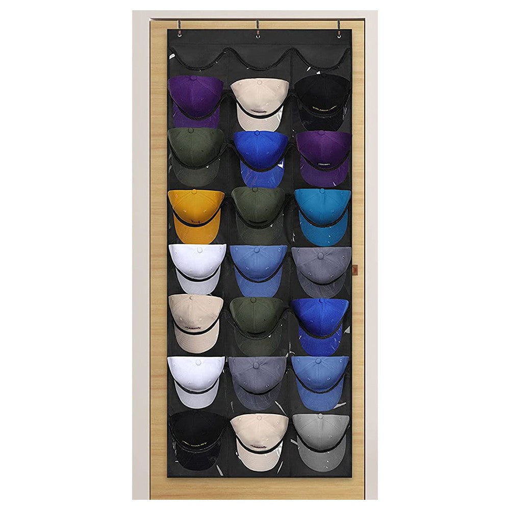 24 Pocket Baseball Hat Rack Hat Storage Bag Over the Door Cap Organizer Black