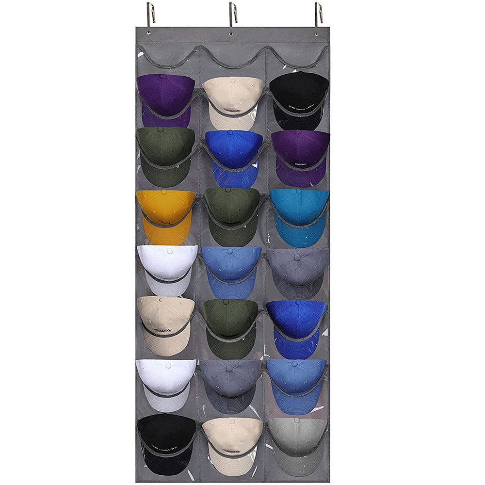 24 Pocket Baseball Hat Rack Hat Storage Bag Over the Door Cap Organizer Grey