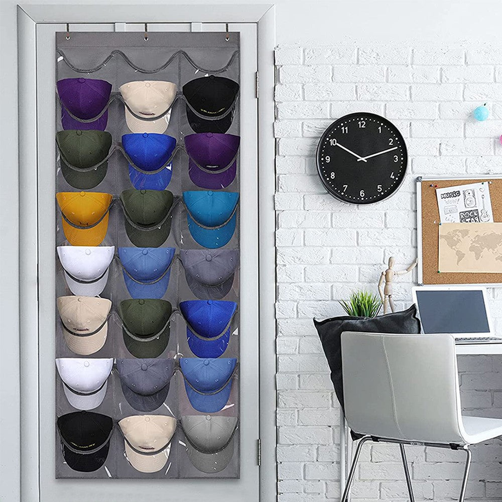 24 Pocket Baseball Hat Rack Hat Storage Bag Over the Door Cap Organizer Grey