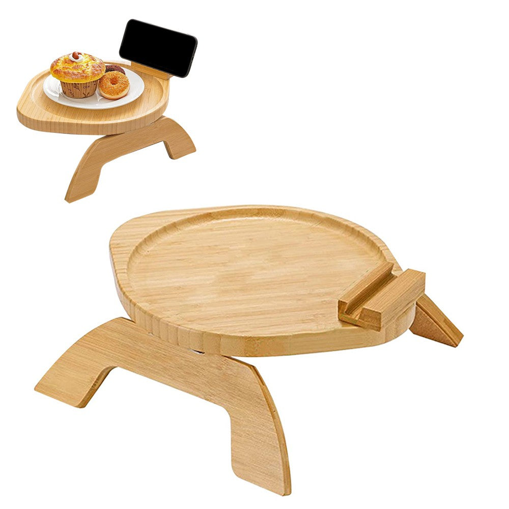 Foldable Round Wood Clip On Sofa Armrest Tray Snack Tray with Phone Holder