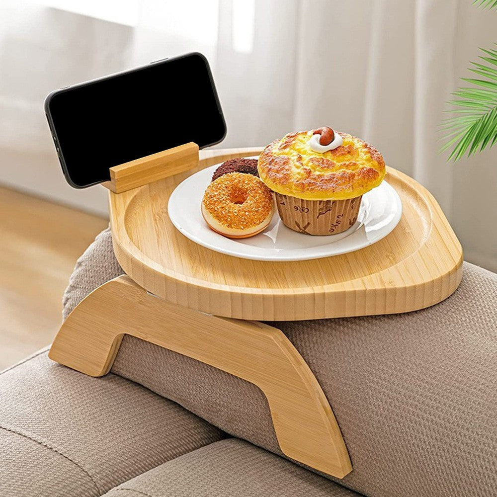 Foldable Round Wood Clip On Sofa Armrest Tray Snack Tray with Phone Holder