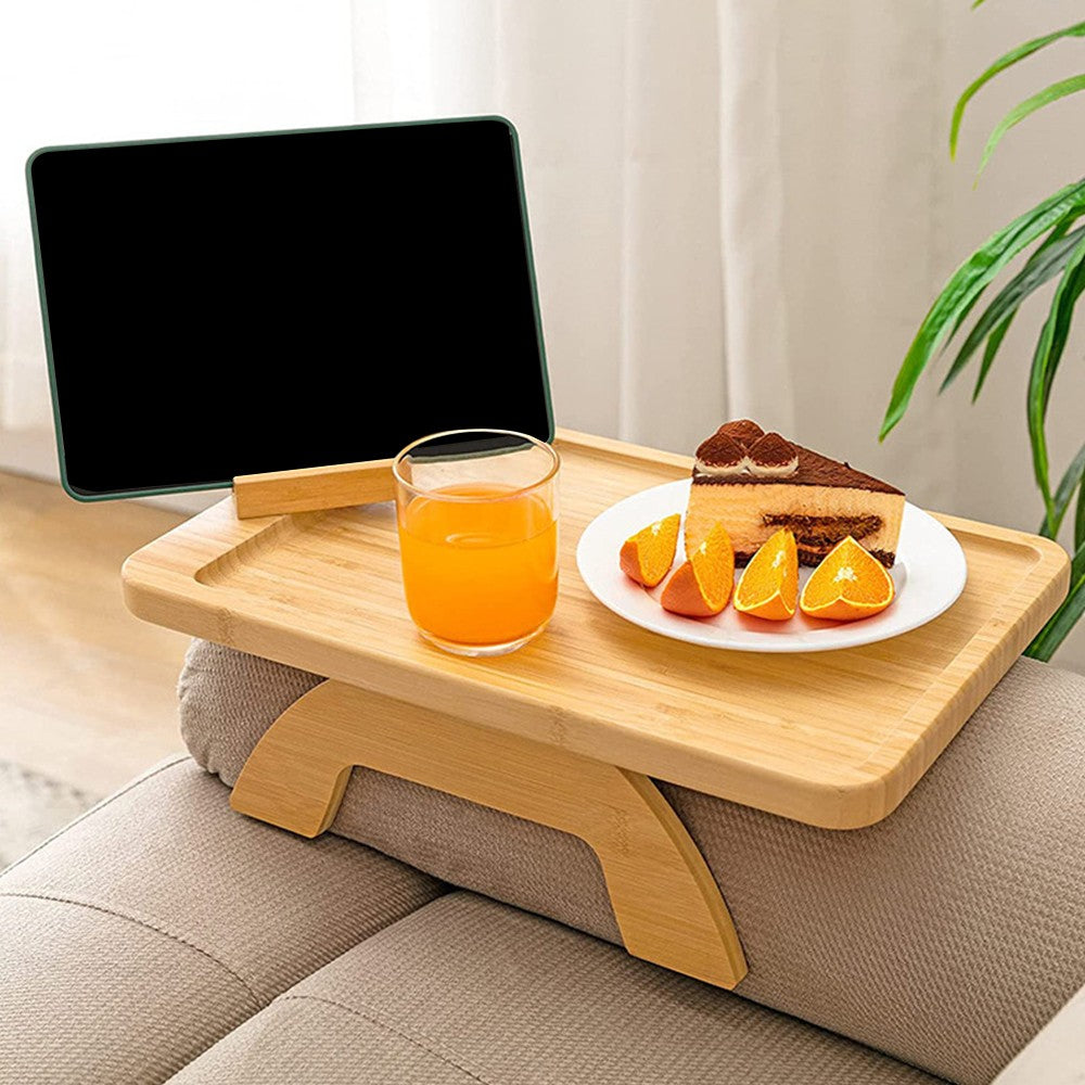 Foldable Rectangular Wood Clip On Sofa Armrest Tray Snack Tray with Phone Holder
