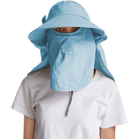 Womens Sun Cap Wide Brim Fishing Hats with Detachable Face Mask Neck Flap Blue