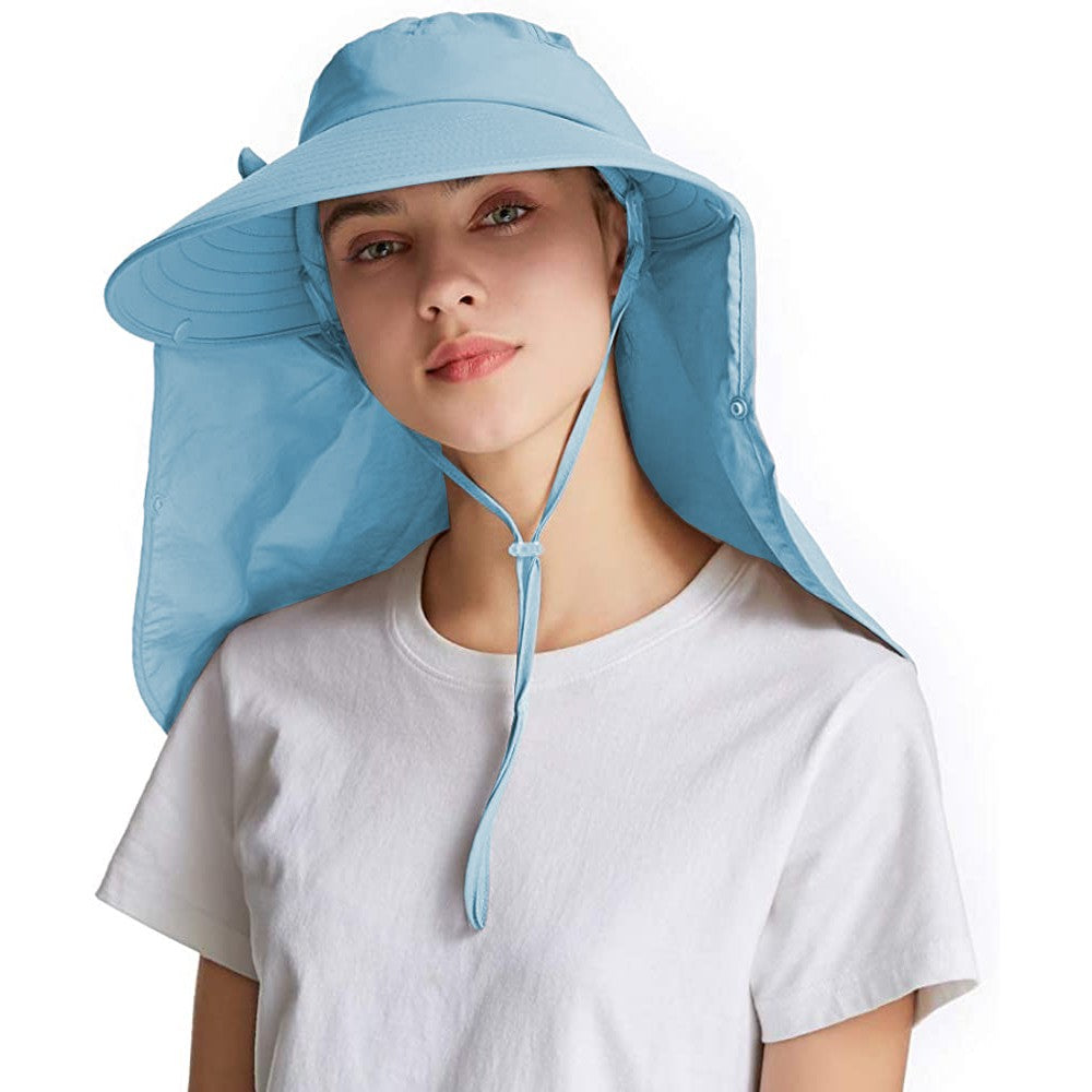 Womens Sun Cap Wide Brim Fishing Hats with Detachable Face Mask Neck Flap Blue