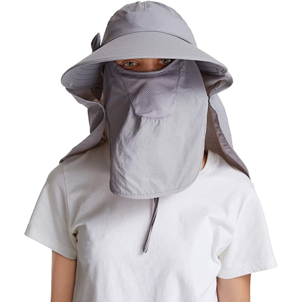 Womens Sun Cap Wide Brim Fishing Hats with Detachable Face Mask Neck Flap Grey