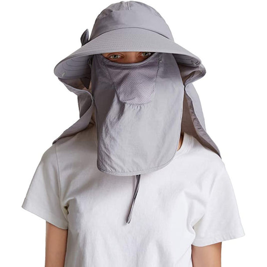 Womens Sun Cap Wide Brim Fishing Hats with Detachable Face Mask Neck Flap Grey