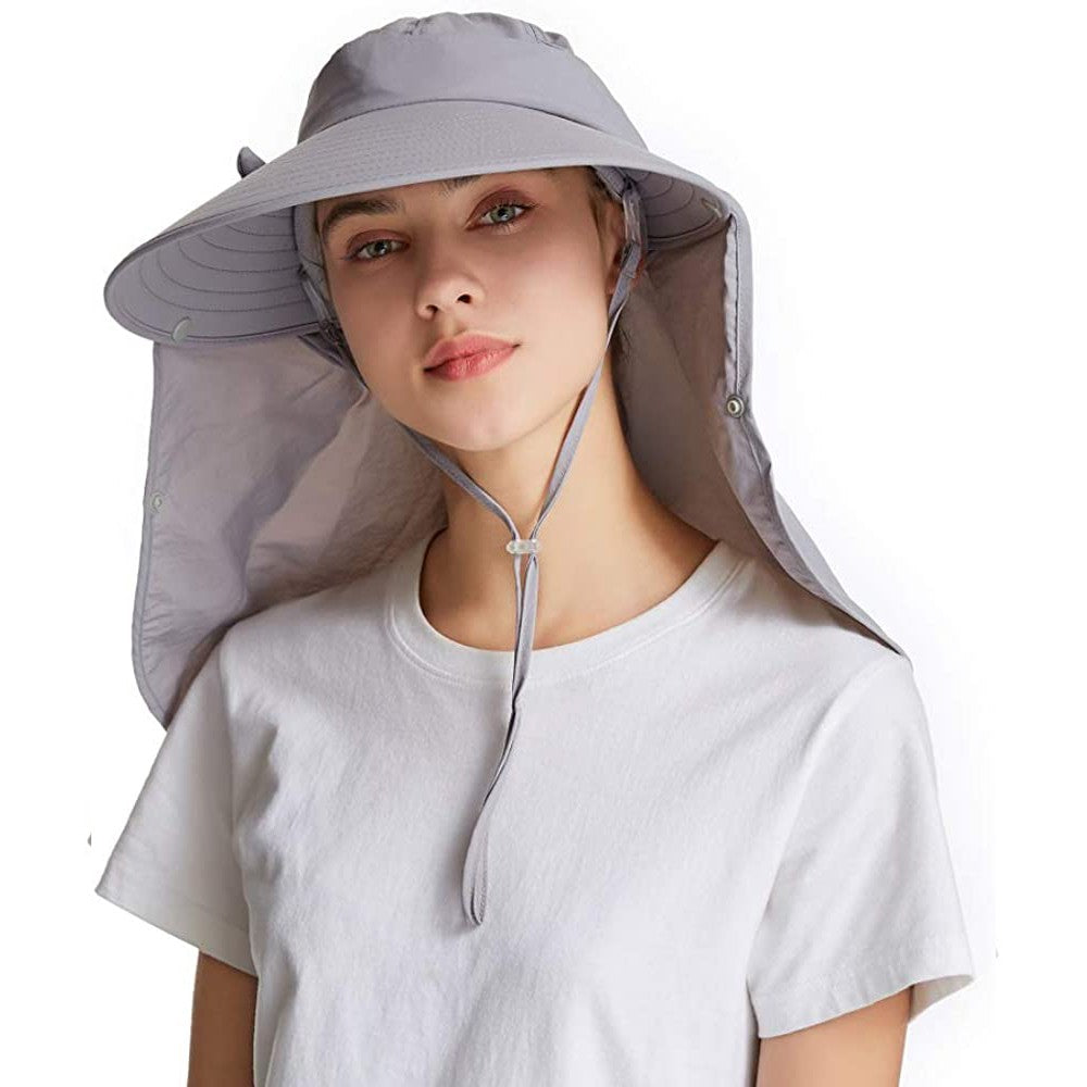 Womens Sun Cap Wide Brim Fishing Hats with Detachable Face Mask Neck Flap Grey