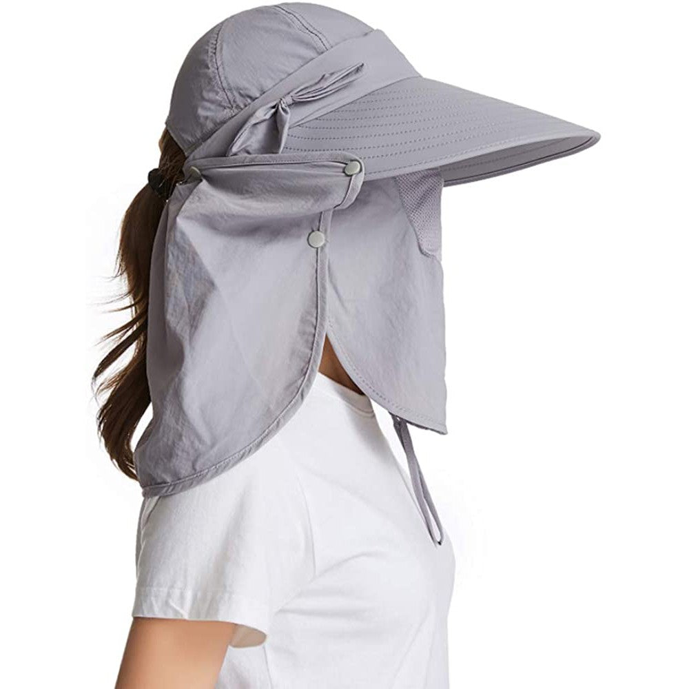 Womens Sun Cap Wide Brim Fishing Hats with Detachable Face Mask Neck Flap Grey