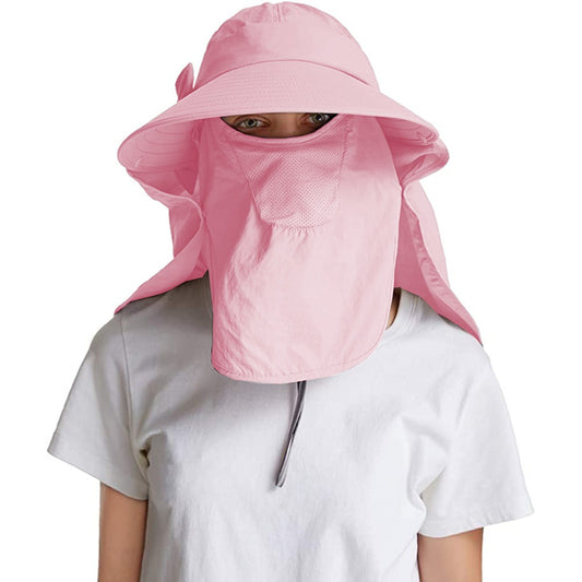 Womens Sun Cap Wide Brim Fishing Hats with Detachable Face Mask Neck Flap Pink