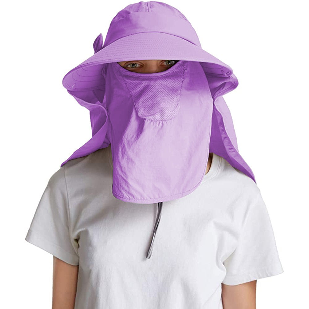 Womens Sun Cap Wide Brim Fishing Hats with Detachable Face Mask Neck Flap Purple