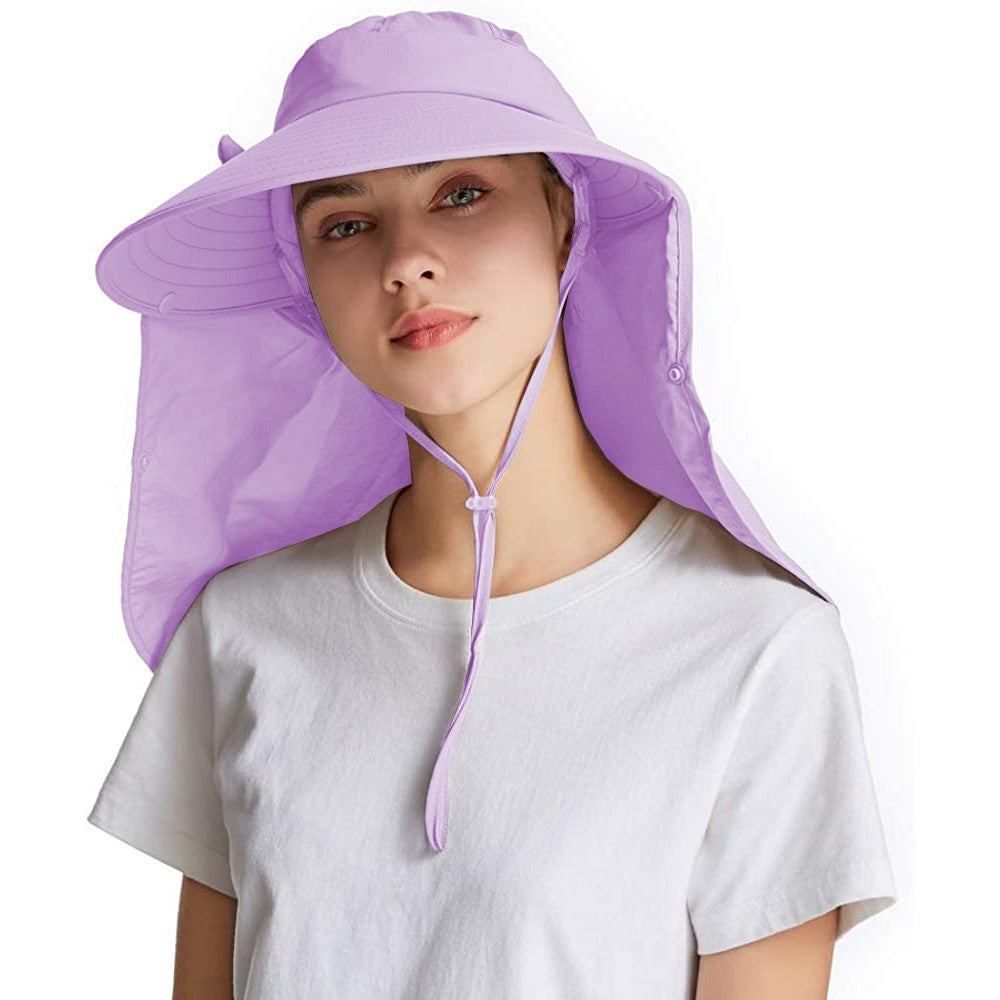 Womens Sun Cap Wide Brim Fishing Hats with Detachable Face Mask Neck Flap Purple
