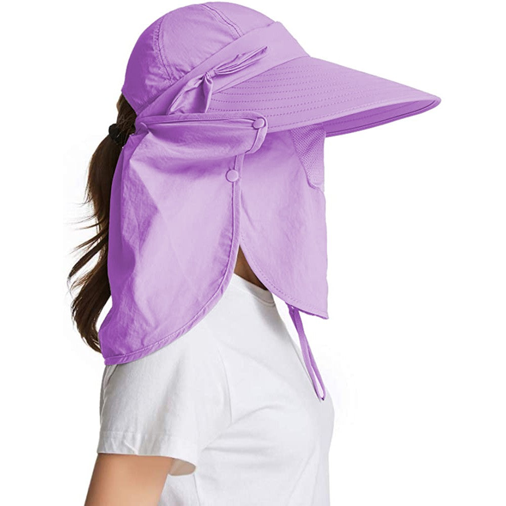 Womens Sun Cap Wide Brim Fishing Hats with Detachable Face Mask Neck Flap Purple