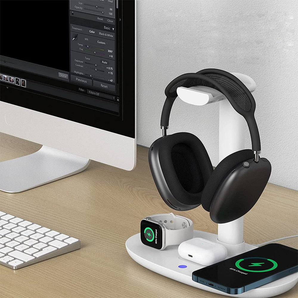 4 In 1 Qi Wireless Fast Charging Station Charging Dock Stand for Apple White