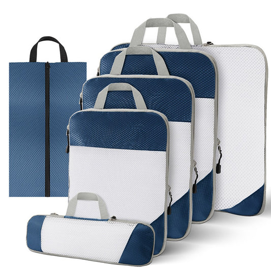 Set of 6Pcs Travel Storage Bags Clothes Organizer Pouch with Shoes Bag Navy Blue