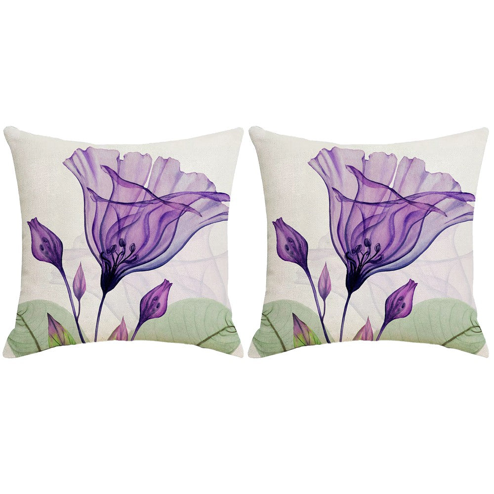 2 X Purple Flower Pillow Cover Linen Pillowcase Living Room Sofa Decor